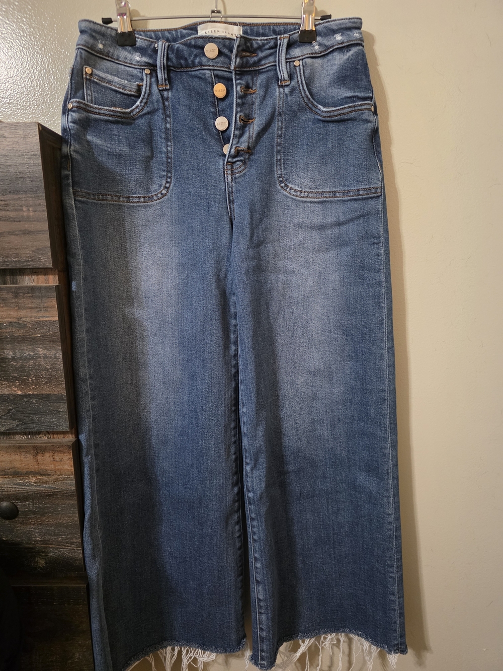 High-Rise Wide-Leg Jeans in Medium Blue with Button Front